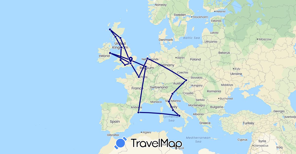TravelMap itinerary: driving in Austria, Belgium, Spain, France, United Kingdom, Ireland, Italy, Netherlands (Europe)